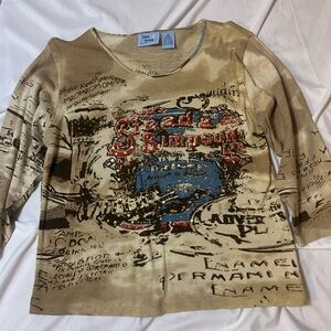Jane Ashley Shirt Womens M Brown Sequin Accent Printed Word Art Scoop Neck